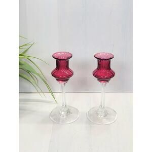 Vintage Candle Stick Holders, Pilgrim Glass, Cranberry Bowl, Clear Stem, Optic